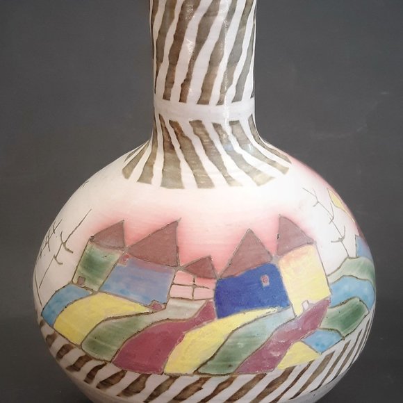 VTG Art Pottery Vase Abstract Hand Painted Pastel Colors Rare Signed - Picture 3 of 10